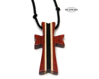 Mens Wooden Cross in Bloodwood, Maple & Ebony, Wooden Cross Necklace w/  Hand Knotted Black Nylon Cord, Adjustable Length, Wood Cross Gift