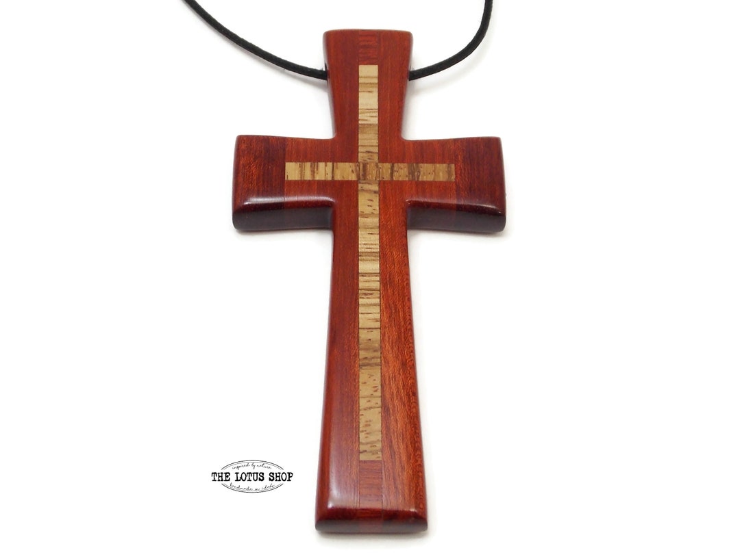 Large Cross Pendant Handmade From Bloodwood & Zebrawood, Large Carved Wooden Cross Necklace
