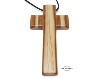 Large Wooden Cross Necklace Made from Teak Wood Sap & Heartwood Together on Black Waxed Cotton Cord, Mens Cross Necklace, Pectoral Cross