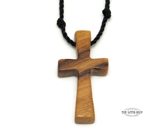 Wood Cross Necklace Made from Zebrawood & Teak, Mens Cross Necklace w/ Hand Knotted Black Nylon Cord, Adjustable Length, Hand Carved Cross