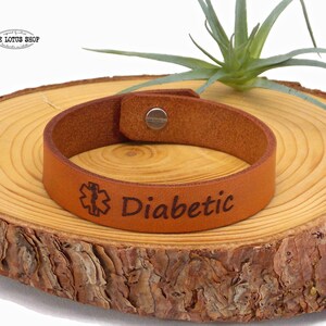 Leather Medical Alert Bracelet with Symbol, Diabetic Bracelet, Medical Jewelry Available in Multiple Colors and Fonts, Medical ID Bracelet