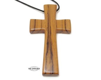 Large Wooden Cross Necklace Made from Teak Wood Sap & Heartwood Together on Black Waxed Cotton Cord, Mens Cross Necklace, Pectoral Cross