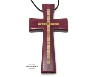 Extra Large Cross Necklace, Handmade in Purpleheart & Zebrawood, Pectoral Cross, Carved Large Wood Cross for Pastor Gift or Minister Gifts