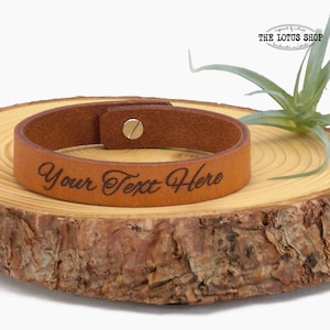 Custom Leather Bracelet Engraved with any Text, Womens or Mens Engraved Bracelet Leather w/ Post Closure, Personalized Leather Name Bracelet