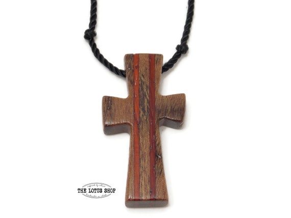 Carved Wooden Cross in Chestnut & Paduak, Handmade Wooden Cross Necklace  With Knotted Black Nylon Cord, Adjustable Length, Wood Cross Gift 