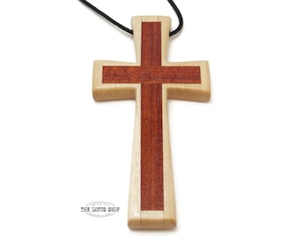 Pectoral Cross, Large Wooden Cross Necklace Made from Bloodwood & Maple Woods on Black Waxed Cotton Cord, Mens Cross Necklace, Pastor Gift