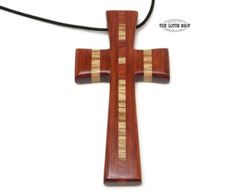 Mens Cross Necklace, Large Cross Pendant Handmade from Bloodwood & Zebrawood, Large Carved Wooden Cross Necklace, 5th Anniversary Gift