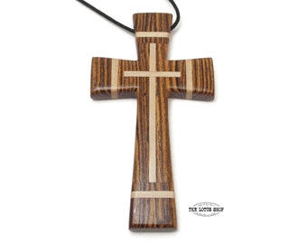 Large Cross Pendant Handmade from Sustainable Bocote Wood with Maple, Large Wooden Cross Necklace, Mens Cross Necklace, Large Pectoral Cross