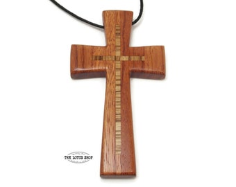 Large Cross Necklace Handmade from Ebiara Wood with Zebrawood on Black Waxed Cotton Cord, Large Cross Pendant, Pastor Gift or Minister Gift