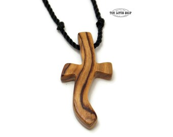 Olive Wood Cross Necklace for Men, Certified Bethlehem Holy Land Wood Cross Necklace with Hand Knotted Black Nylon Cord, Mens Cross Necklace