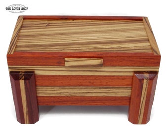 Hardwood Jewelry Box Handmade from Paduak & Zebrawood, Mens Valet Box, Wooden Treasure Box with Tray, Ready to Ship 5th Anniversary Gift