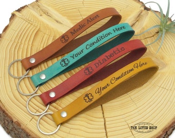 Leather Medical Alert Keychain w/ Symbol, Drive Safe Keychain Available in Multiple Dye Colors & Fonts, Allergy Alert Custom Medical Key Fob