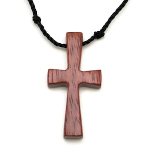 Wood Cross Necklace in Purpleheart, Carved Wooden Cross Pendant w/ Hand Knotted Black Nylon Cord, Adjustable Length, Unique Christian Gift