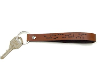 Morse Code Gifts, Personalized Leather Keychain Engraved with Your Message Translated into Morse Code, Custom Genuine Leather Keychain
