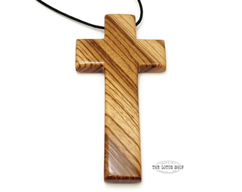 Large Cross for Men made from Solid Zebrawood Strung on Black Waxed Cotton Cord, Large Cross Pendant, Mens Cross Necklace, Pastoral Cross