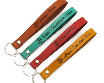 Personalized Medical Alert Keychain w/ Symbol, Leather Key Fob Available in Multiple Dye Colors & Fonts, Medic Alert Custom Medical Keyring