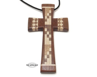 Handmade Large Cross Necklace Carved from Maple & Walnut Woods Strung on Waxed Cotton Cord, Extra Large Cross Pendant, Unique Pastor Gift