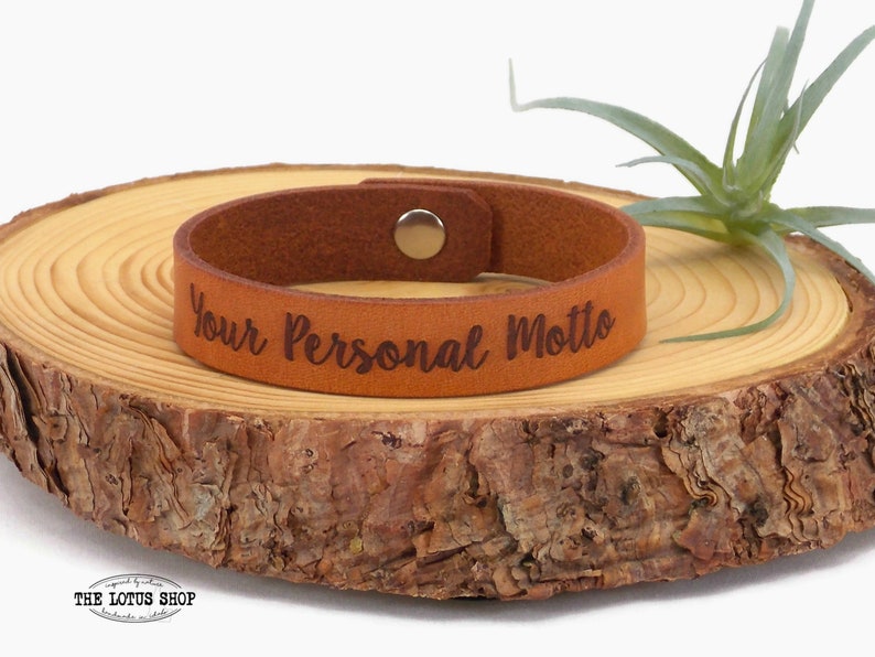 Leather Bracelet Engraved, Personalized Gift Just for You, Custom Leather Snap Bracelet with Your Choice of Font & Dye Color, Bracelet Homme Tan
