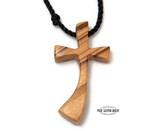 Olive Wood Necklace for Men, Certified Bethlehem Holy Land Olive Wood Cross Pendant with Hand Knotted Black Cord, Wooden Cross Necklace