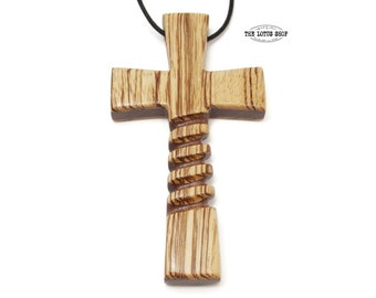 Large Spiral Cross Pendant Handmade from African Zebrawood & Walnut, Large Wooden Cross Necklace, Mens Pectoral Cross Necklace, Pastor Gift