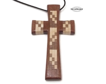 Handmade Large Cross Necklace Carved from Maple & Walnut Woods Strung on Waxed Cotton Cord, Extra Large Cross Pendant, Unique Pastor Gift