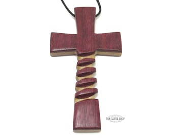 Large Spiral Cross Pendant Handmade from Purpleheart & Maple Woods, Wooden Cross Necklace, Mens Cross Necklace, Pectoral Cross , Pastor Gift