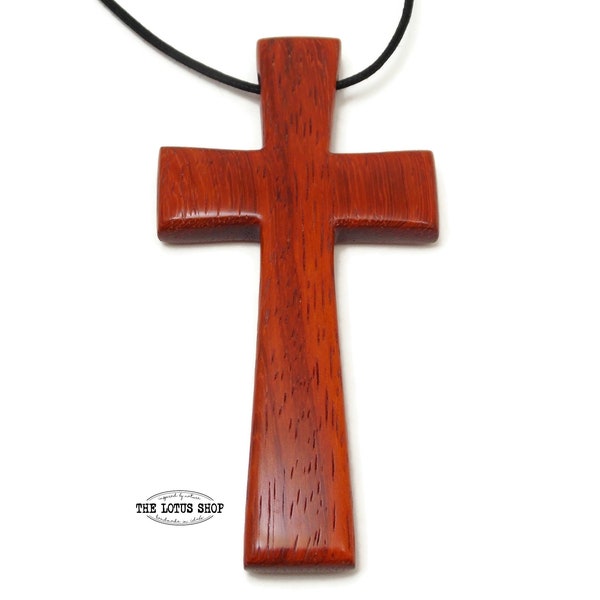 Unique Mens Cross Necklace, Large Cross for Men Carved in Paduak Wood Strung on Black Waxed Cotton Cord, Large Cross Pendant, Pastor Gift