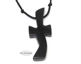 Mens Cross Necklace Made from Ebony Wood, Small Wood Cross Necklace w/ Hand Knotted Black Nylon Cord, Adjustable Length, Hand Carved Cross