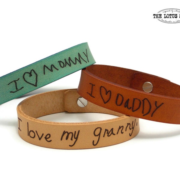 Your Childs Handwriting Engraved on a Bracelet, Handwritten Bracelet, Leather Handwriting Bracelet Laser Engraved w/ your Kid's Handwriting