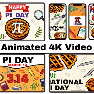 May include: A collection of digital illustrations celebrating Pi Day. The designs feature pie, the Pi symbol, and mathematical tools. The phrase "Happy Pi Day" is displayed on banners, and the date March 14 is also shown.