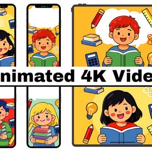 May include: Animated 4K video graphic featuring children reading books, with school supplies like pencils, rulers, and calculators. The image has a yellow background and is designed for mobile devices and tablets.