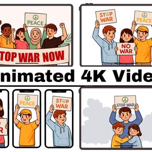 Könnte beinhalten: Animiertes 4K-Video mit Cartoon-Illustrationen von Menschen, die gegen den Krieg protestieren. Schilder zeigen "Stop War Now", "No War" und "Peace". Die Illustrationen zeigen verschiedene Gruppen.