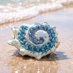 Seashell Brooch with Blue Crystals – Coastal Statement Pin, Protection Symbolism