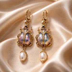 Puede incluir: Un par de pendientes dorados con un diseño de escarabajo, con cuerpos ovalados iridiscentes. Los pendientes tienen una gota de perla y están adornados con pequeños cristales. El fondo es una tela de satén.