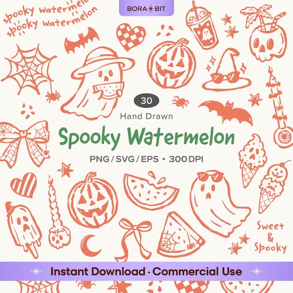 Spooky Watermelon Summerween Doodle Clipart PNG SVG Bundle | Cute Halloween Hand Drawn Graphics | Shirts Crafts Sublimation