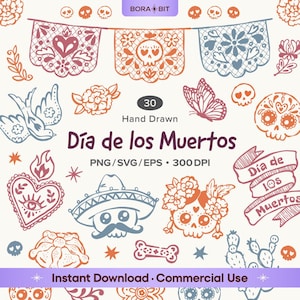 Puede incluir: Una colección digital de 30 ilustraciones dibujadas a mano del Día de los Muertos que incluye banderines de papel picado, calaveras, una mariposa, un pájaro, un corazón con un ojo, un cactus y una calavera con sombrero.