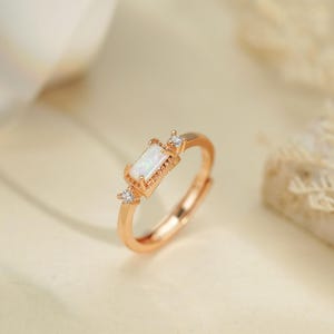 Baguette Cut Opal Ring,Rose Gold Diamond Ring,Sterling Silver Ring,October Birthstone Ring,Dainty Opal Jewelry,Wedding Gift,Gift for Mom