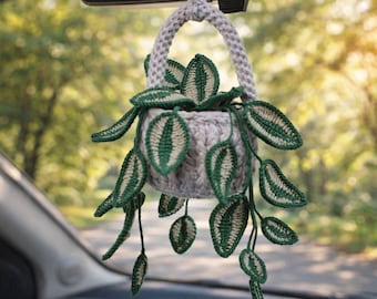Ręcznie robione na szydełku kwiaty Pothos do zawieszenia na samochodzie, urocze dekoracje do zawieszenia na samochodzie z kwiatów szydełkowych, kwiaty szydełkowe, prezenty dla miłośników roślin