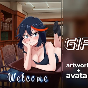 May include: Anime-style artwork featuring a character with black hair and red highlights, lying on a table. The image includes the text "GIF", "artwork", "avatar", and "Welcome". The background shows a library setting with bookshelves and chairs.