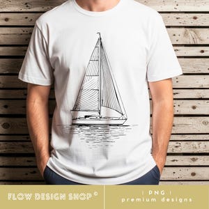 May include: White t-shirt featuring a black and white line drawing of a sailboat on the water. The shirt has a crew neck and short sleeves. The text "FLOW DESIGN SHOP" and "| PNG | premium designs" are at the bottom.
