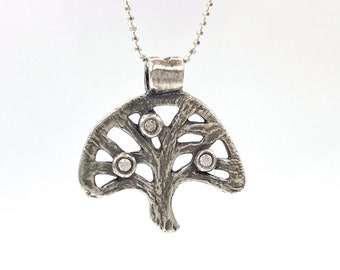 Silver Tree of Life Necklace with Three Cubic Zirconia - One of a Kind