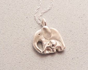 Silver Elephant and Baby Necklace