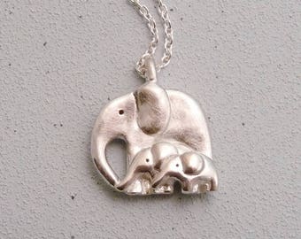 Silver Elephant and Two Babies Necklace