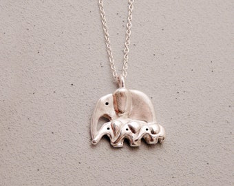 Mama and Three Babies Elephants Silver Necklace