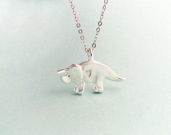 Tiny Silver Triceratops Necklace with Heart - Dinosaur with Heart Necklace