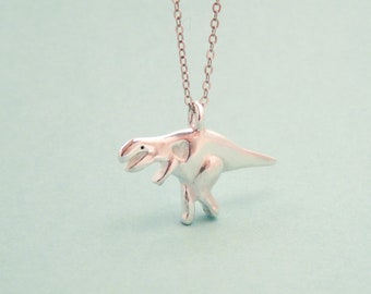 Tiny Silver T. Rex Necklace with Heart - Dinosaur with Heart Necklace