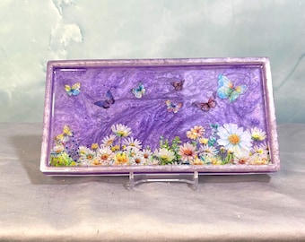 Summer Butterfly Trinket Tray, Purple Floral Jewelry Dish, Cottagecore Vanity Tray, Fairycore Desk Decor
