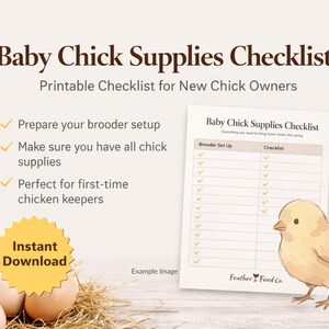 Liste de contrôle des fournitures pour poussins | Liste imprimable de configuration de la couveuse | PDF sur la planification des soins pour les nouveaux poussins