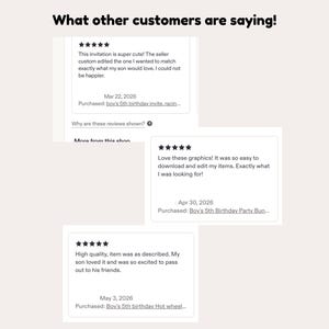 May include: A digital display titled What other customers are saying! featuring three five-star customer reviews. The text includes feedback about a birthday invitation and party graphics, with purchase dates in March, April, and May of 2026.