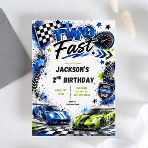 Growing Two Fast invite Boy's 2nd birthday Hot Racing sport cars party Race track speedway invite Watercolor Style Digital Download card image 13